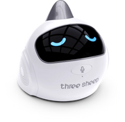Three-quarter view of the Three Sheep AI companion, showing its expressive face and rounded housing