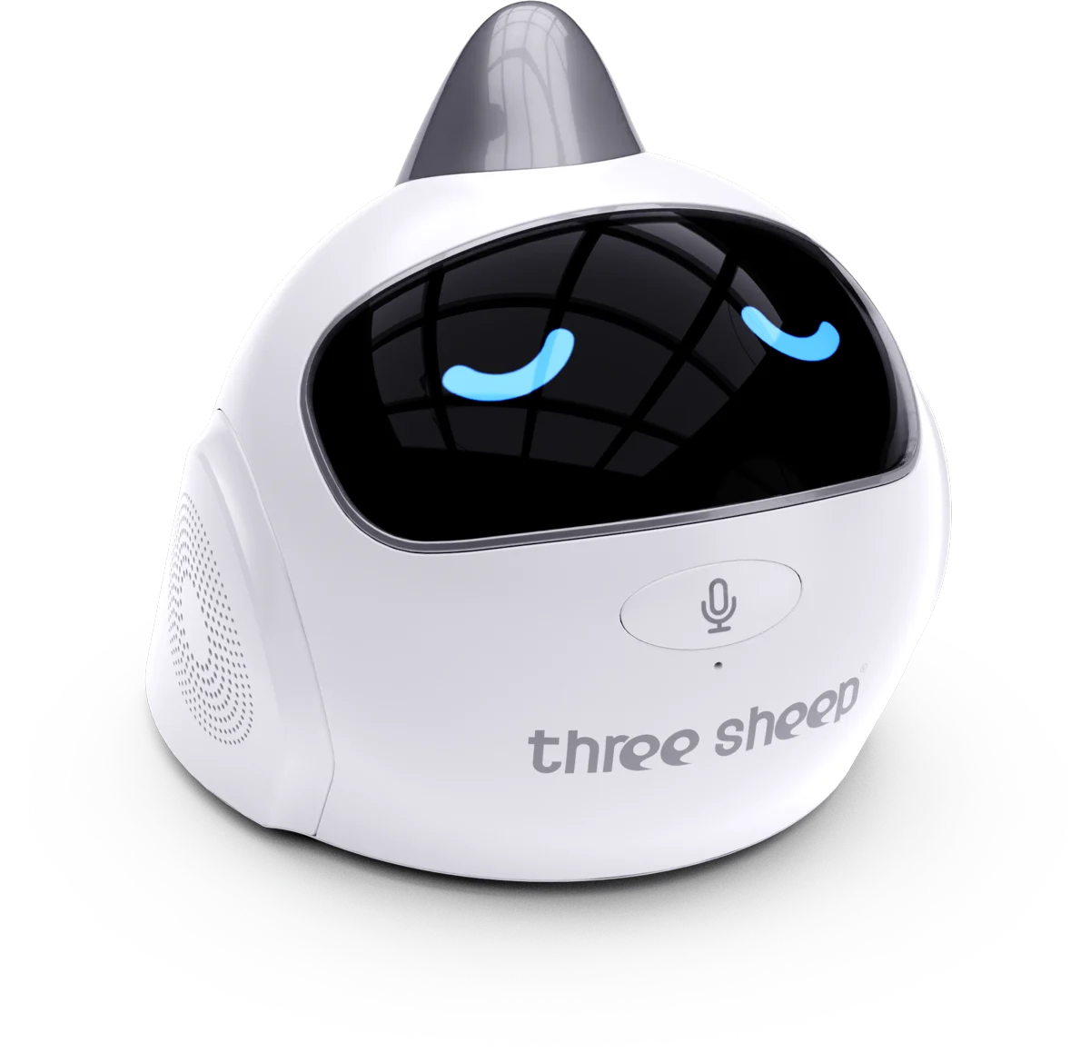 Three-quarter view of the Three Sheep AI companion, showing its expressive face and rounded housing
