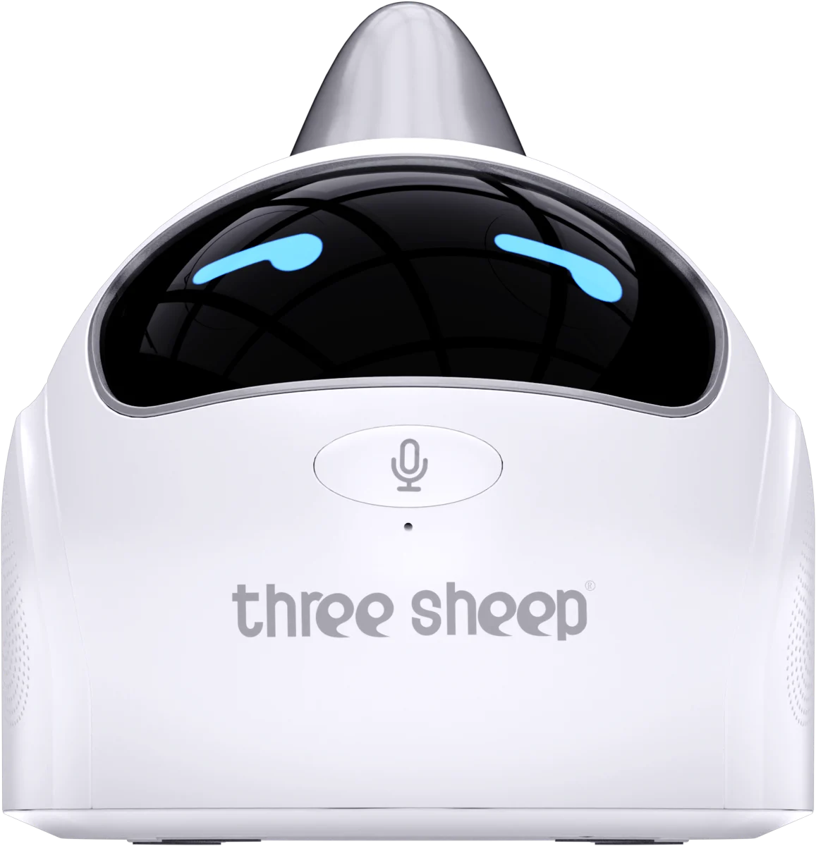 Front view of the Three Sheep AI talking companion with a pearl white body, black face and blue eyes