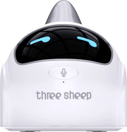 Front view of the Three Sheep AI talking companion with a pearl white body, black face and blue eyes