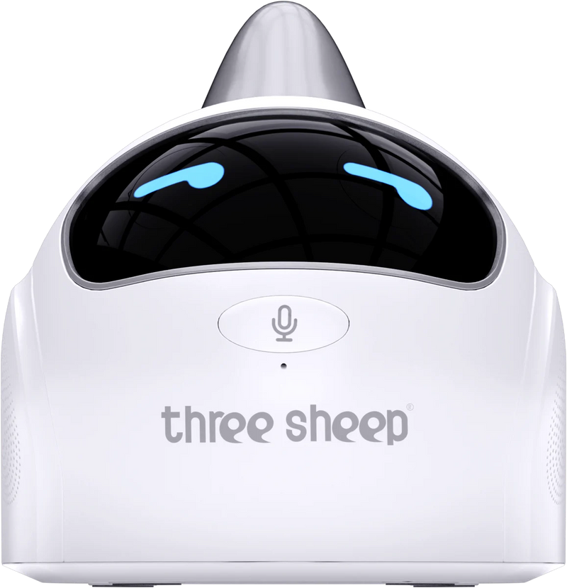 Front view of the Three Sheep AI talking companion with a pearl white body, black face and blue eyes
