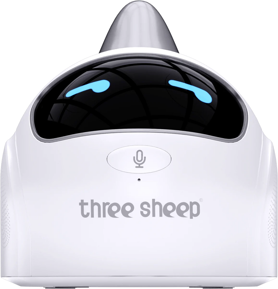 Front view of the Three Sheep AI talking companion with a pearl white body, black face and blue eyes